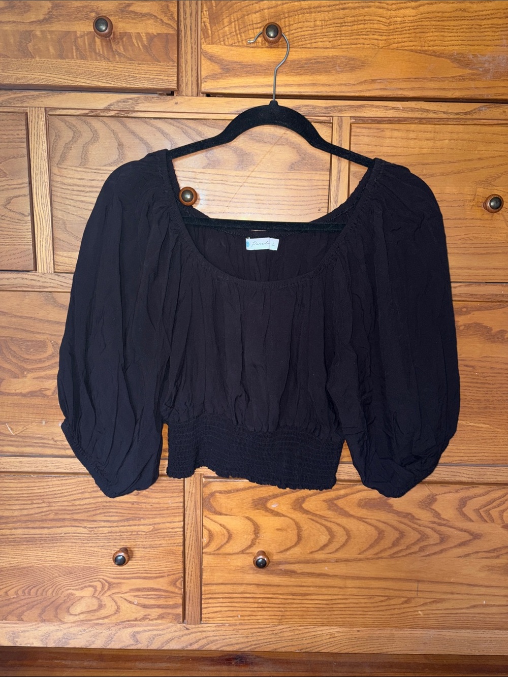 Smocked-Waist Black Crop Top with Puff Sleeves